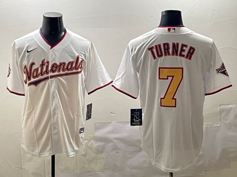 Men Washington Nationals #7 Turner White Gold Game 2025 Nike MLB Jersey style 3